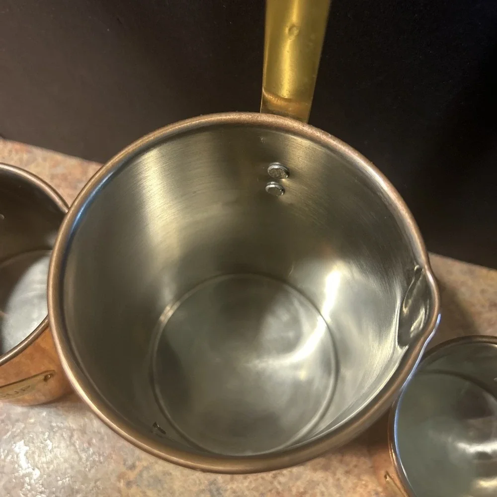 Vintage Copper Nesting Measuring Cups Hanging Ladle Brass Handles Set Of 3